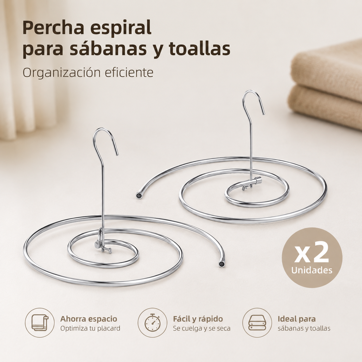 Detalle de la percha espiral para secado de sábanas, acolchados y toallones